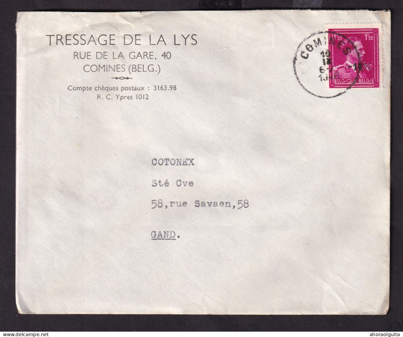 DDEE 810 -- Enveloppe TP Moins 10 % Surcharge Locale COMINES 1946 - Entete Tissage De La Lys - 1946 -10%