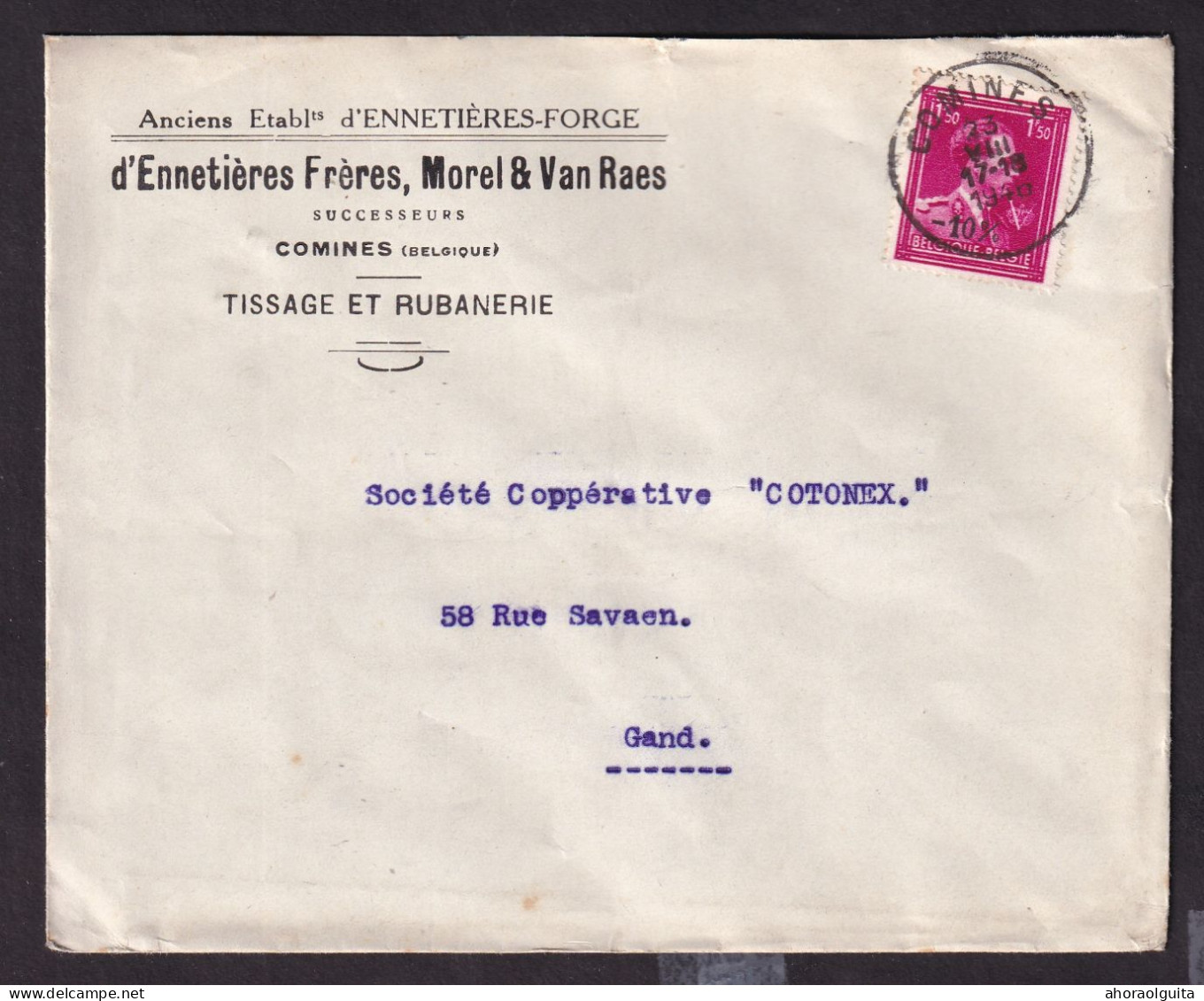 DDEE 811 -- Enveloppe TP Moins 10 % Surcharge Locale COMINES 1946 - Entete Tissage D'Ennetières Frères, Morel § Van Raes - 1946 -10%