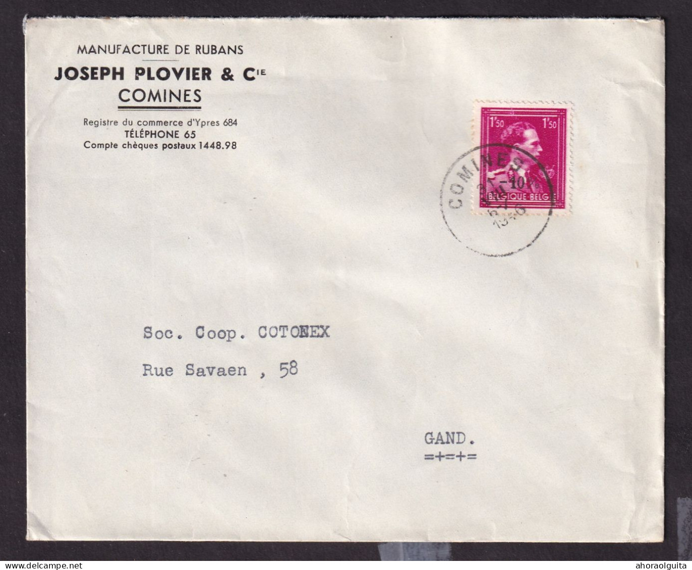 DDEE 812 -- 2 X Enveloppe TP Moins 10 % Surcharge COMINES 1946 - Entete Manufacture De Rubans Joseph Plovier § Cie - 1946 -10%