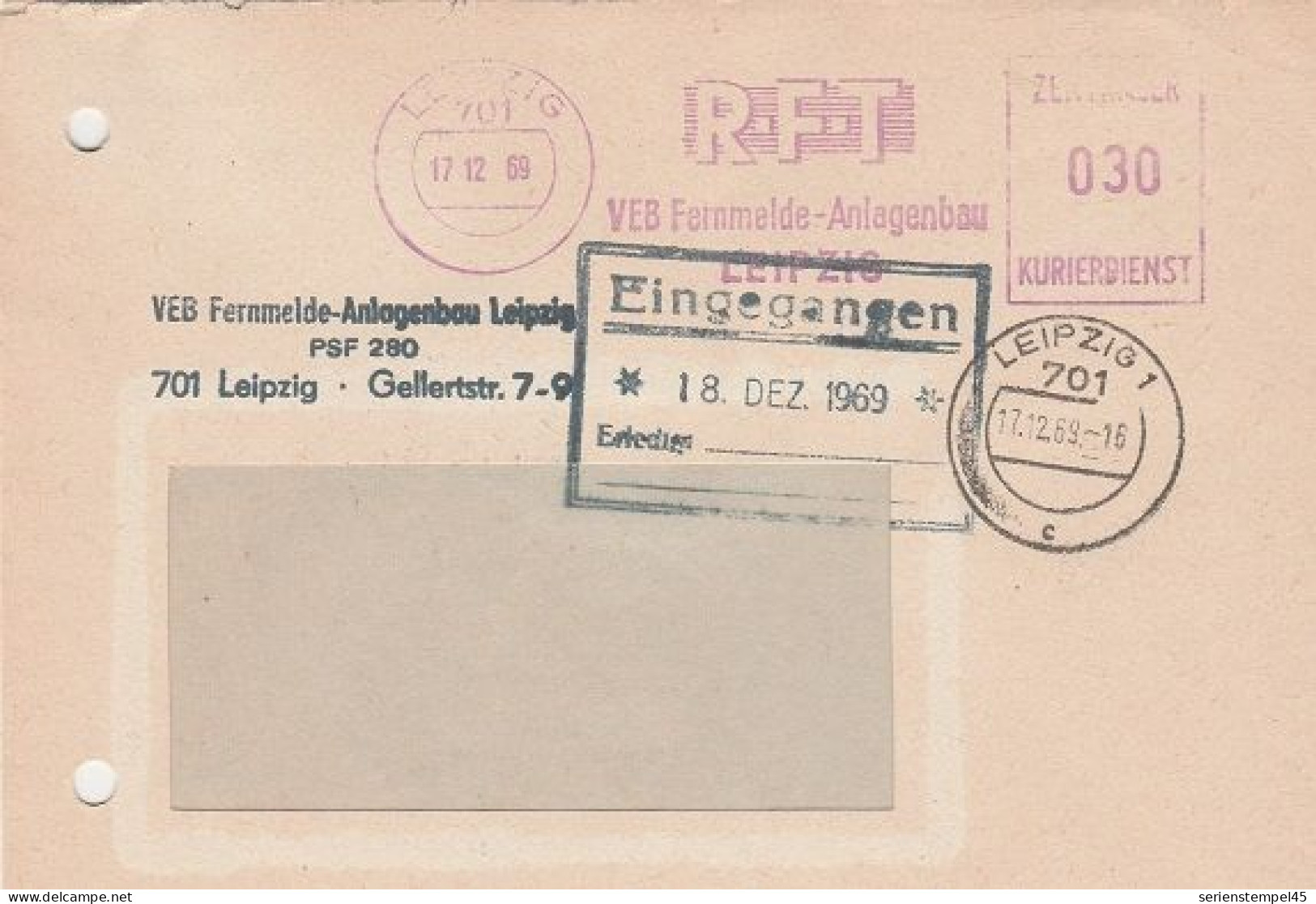 DDR Brief Von ZKD Freistempel Zentraler Kurierdienst Leipzig 1969 RFT VEB Fernmelde Anlagenbau - Service Central De Courrier