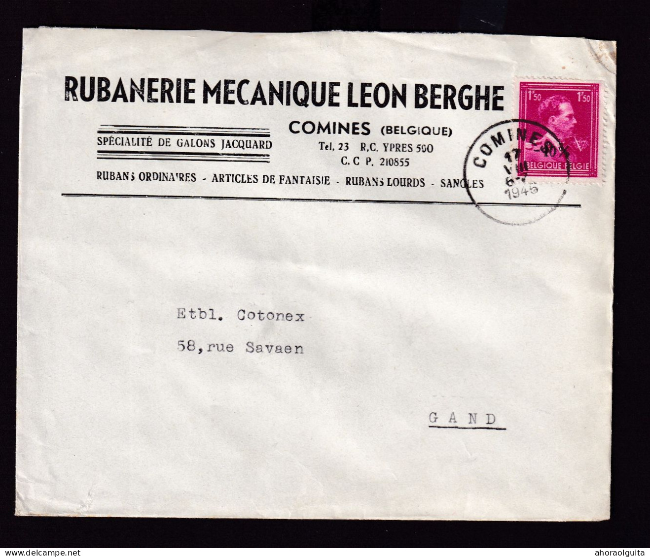 DDEE 813 -- 2 X Enveloppe TP Moins 10 % Surcharge Typo COMINES 1946 - Entete Rubannerie Mécanique Léon Berghe - 1946 -10%