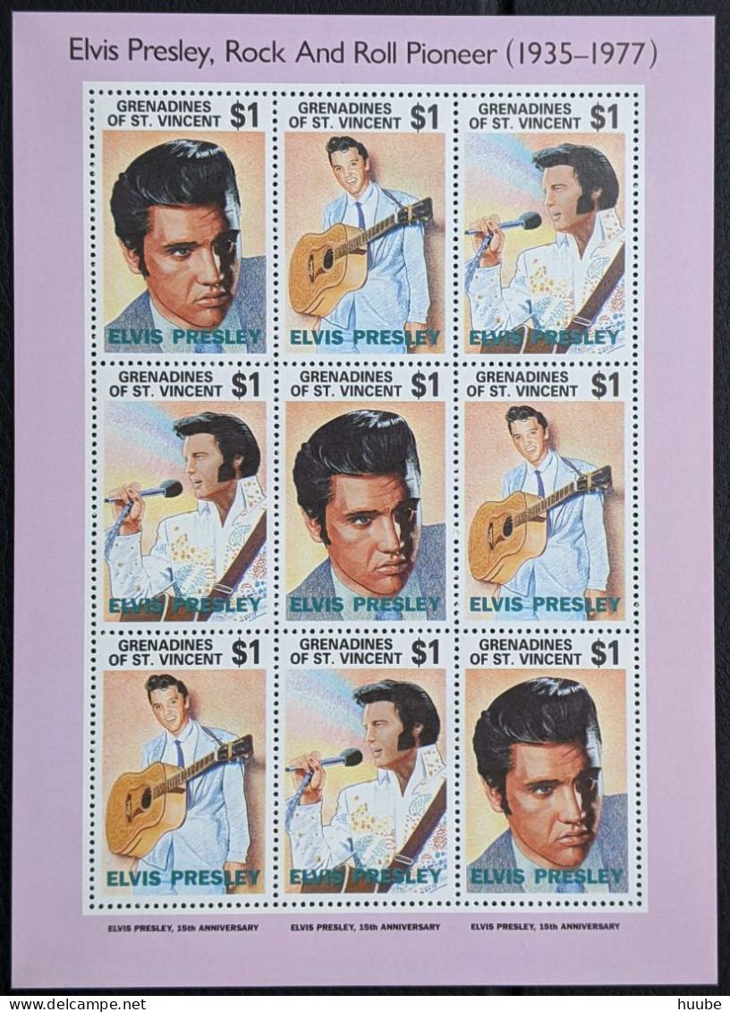 Grenadines Of St. Vincent, 1992, Mi 983-985, 15th Anniversary Of The Death Of Elvis Presley,  Sheet Of 9, MNH - Elvis Presley