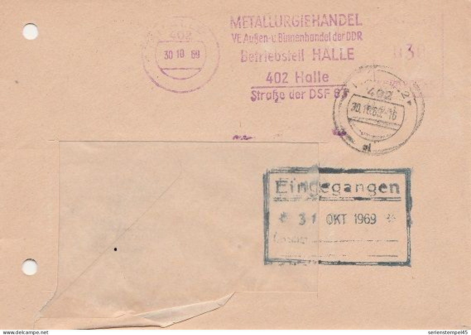 DDR Brief Von ZKD Freistempel Zentraler Kurierdienst Halle 1969 Metallurgiehandel - Centrale Postdienst