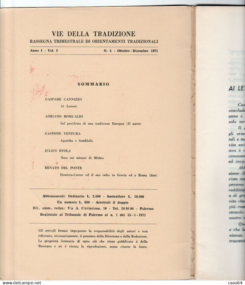 Vie Della Tradizione Anno I Vol. 1 N. 4 - 1971 Evola  Indice Visibile - Religion