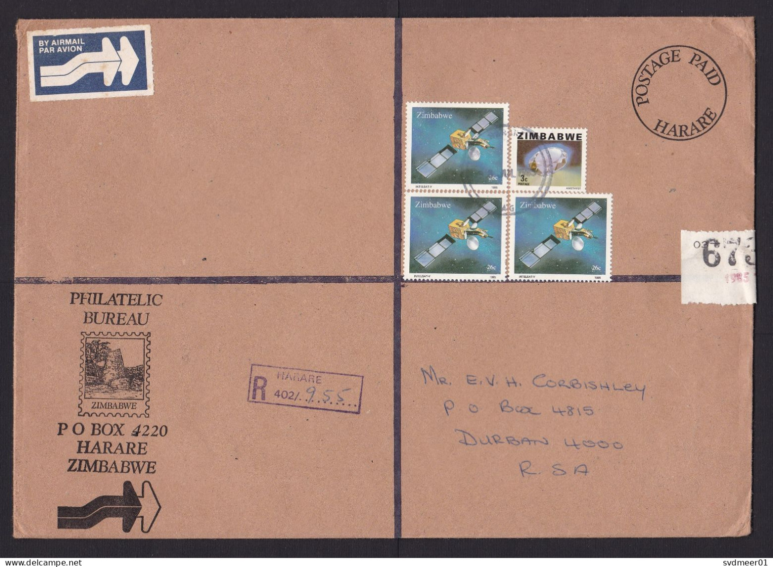 Zimbabwe: Registered Cover To South Africa, 1985, 4 Stamps, Satellite, Space, Mineral, C1 Customs Label (traces Of Use) - Zimbabwe (1980-...)