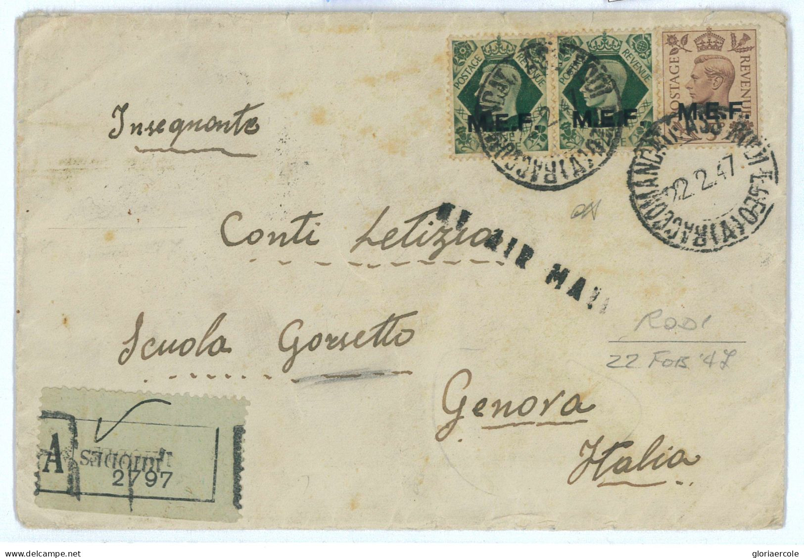 P2533 - ITALIA FRANCOBOLLI MEF USATI NELL EGEO, BELLISSIMA RACCOMANDATA DA RODI A GENOVA IN ESATTA TARIFFA.22.2.1947 - Egeo