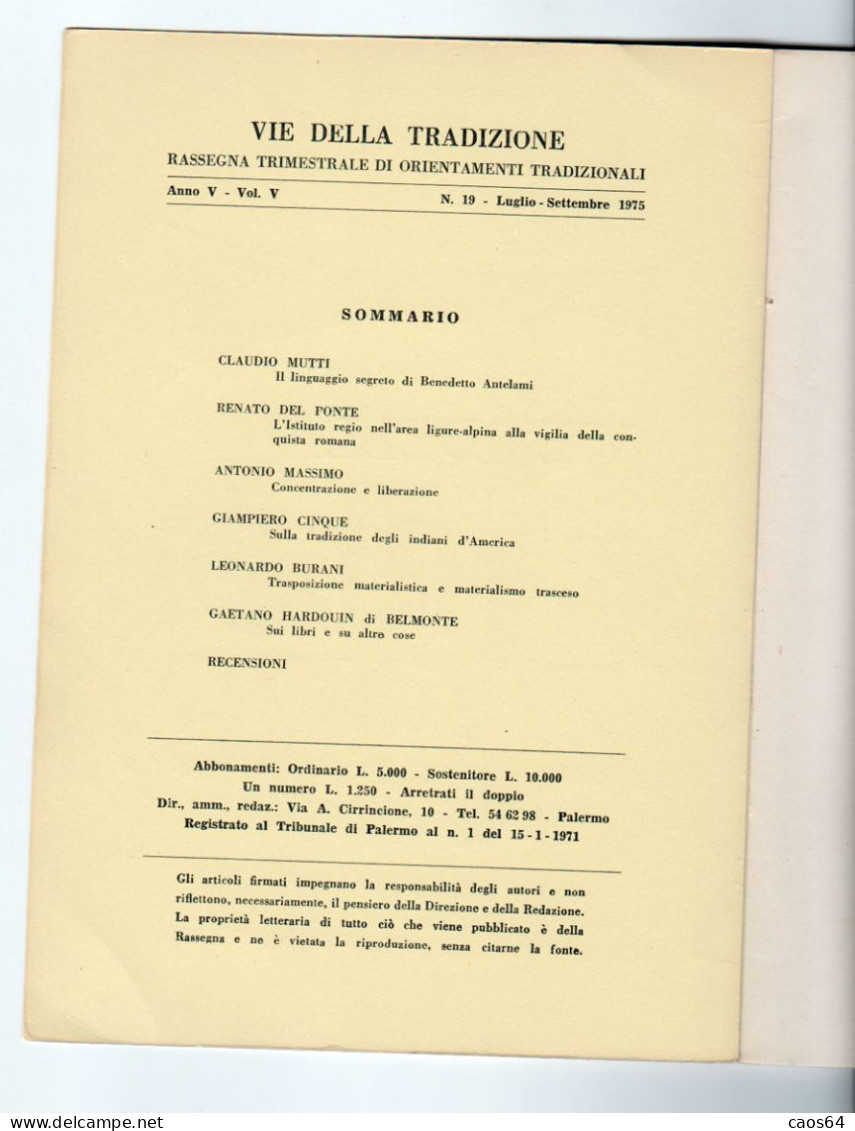 Vie Della Tradizione Anno V Vol. 5 N. 19 - 1975  Indice Visibile - Religione