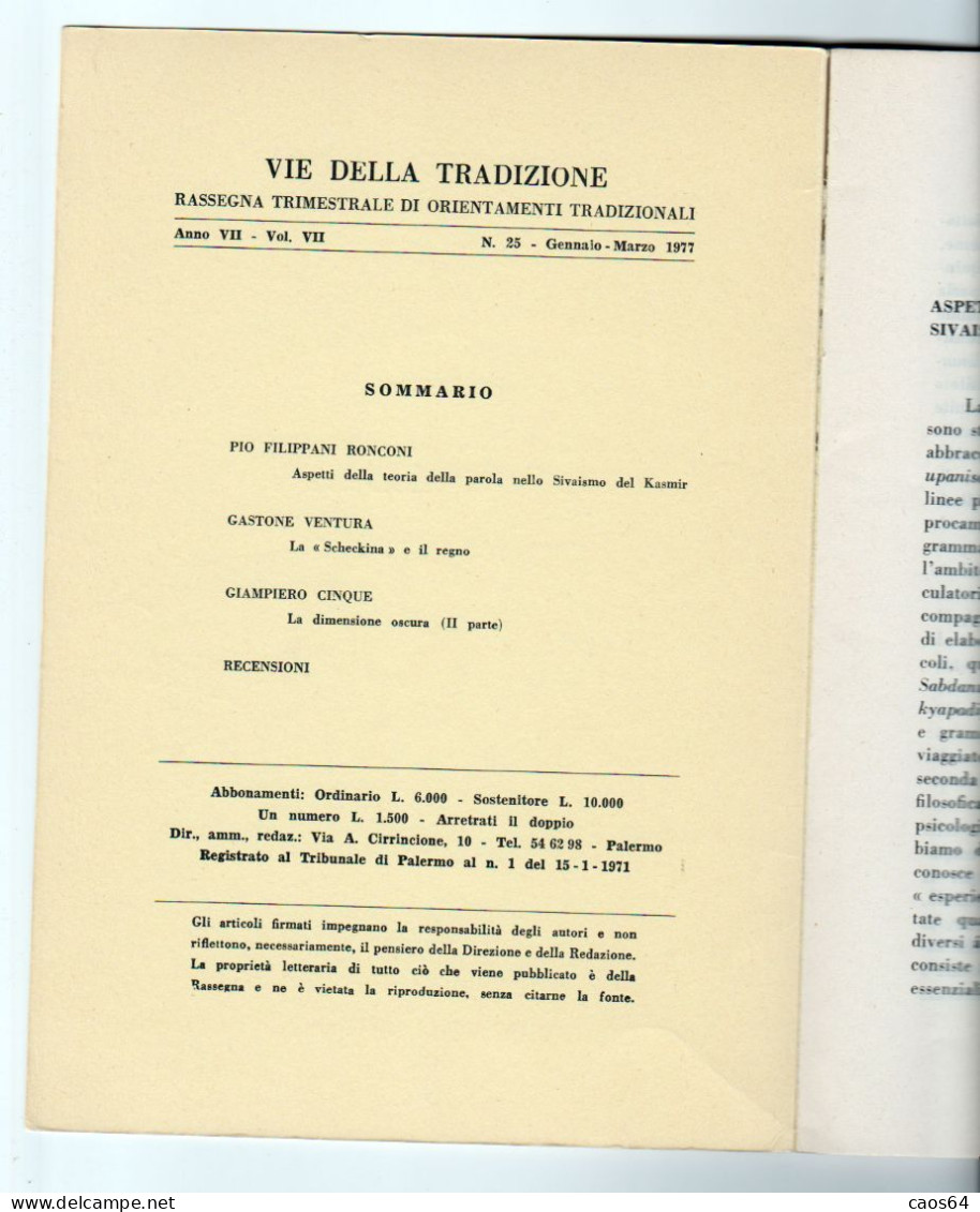 Vie Della Tradizione Anno VII Vol. 7 N. 25 - 1977  Indice Visibile - Godsdienst