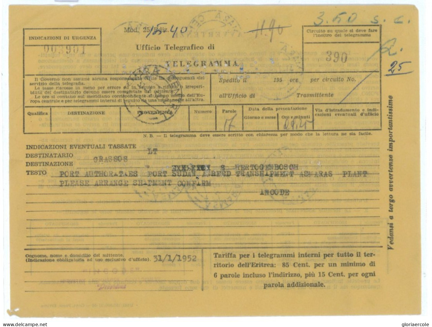 P2536 - ITALIA , 10/ ED ALTRI VALORI, USATI SU MODULO TELEGRAMMA DA ASMARA 31.1.52 FRANCOBOLLI FORATI ED ANNULLATI - Eritrée