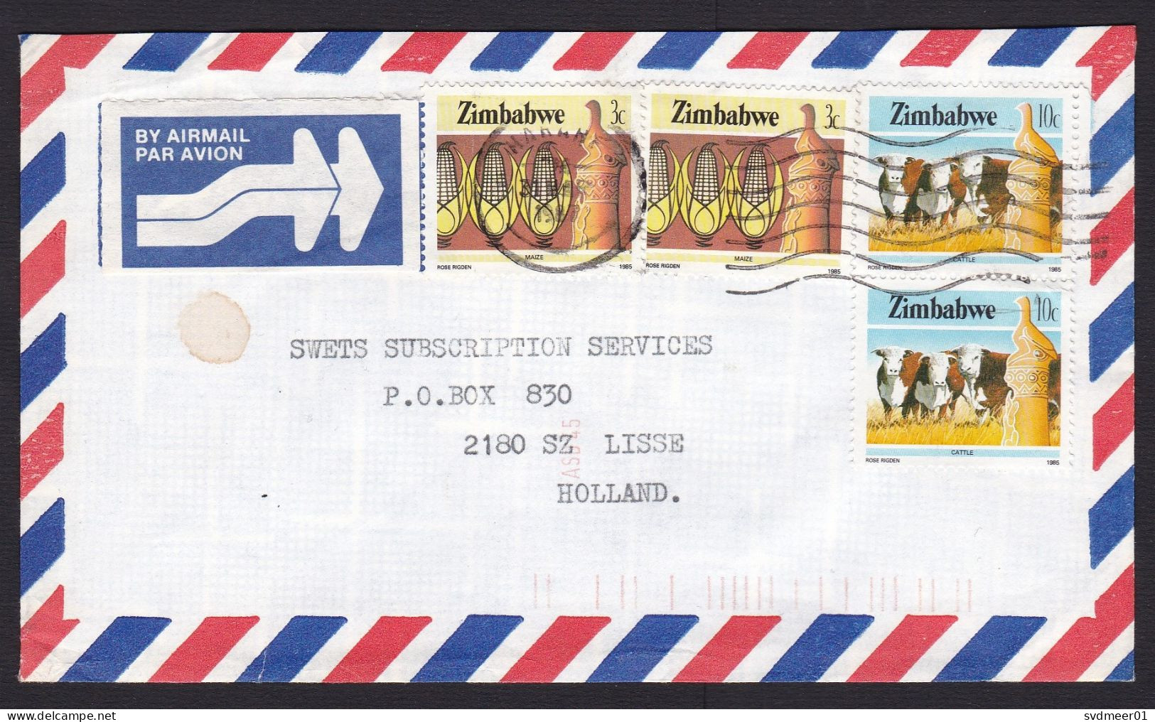 Zimbabwe: Airmail Cover To Netherlands, 4 Stamps, Cow, Corn, Agriculture, Food, Air Label (damaged: Stain) - Zimbabwe (1980-...)