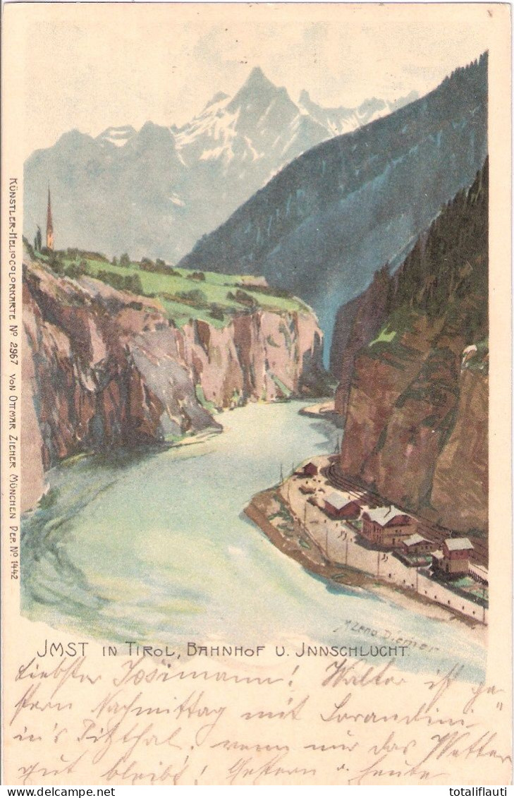 Künstlerkarte M Zeno Diemer IMST In Tirol Bahnhof U Innschlucht Birds Eye Color Lithographie Nachverwendet Gelaufen 1910 - Diemer, Zeno