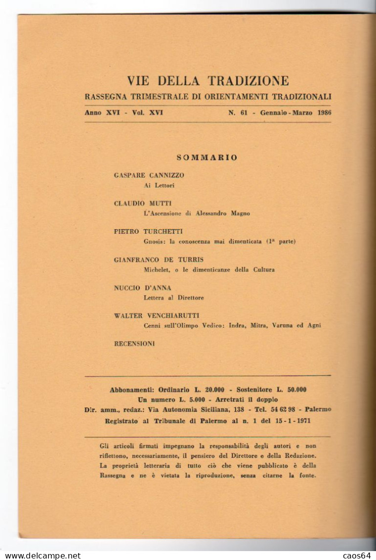 Vie Della Tradizione Anno XVI Vol. XVI N. 61 - 1986  Indice Visibile - Religion