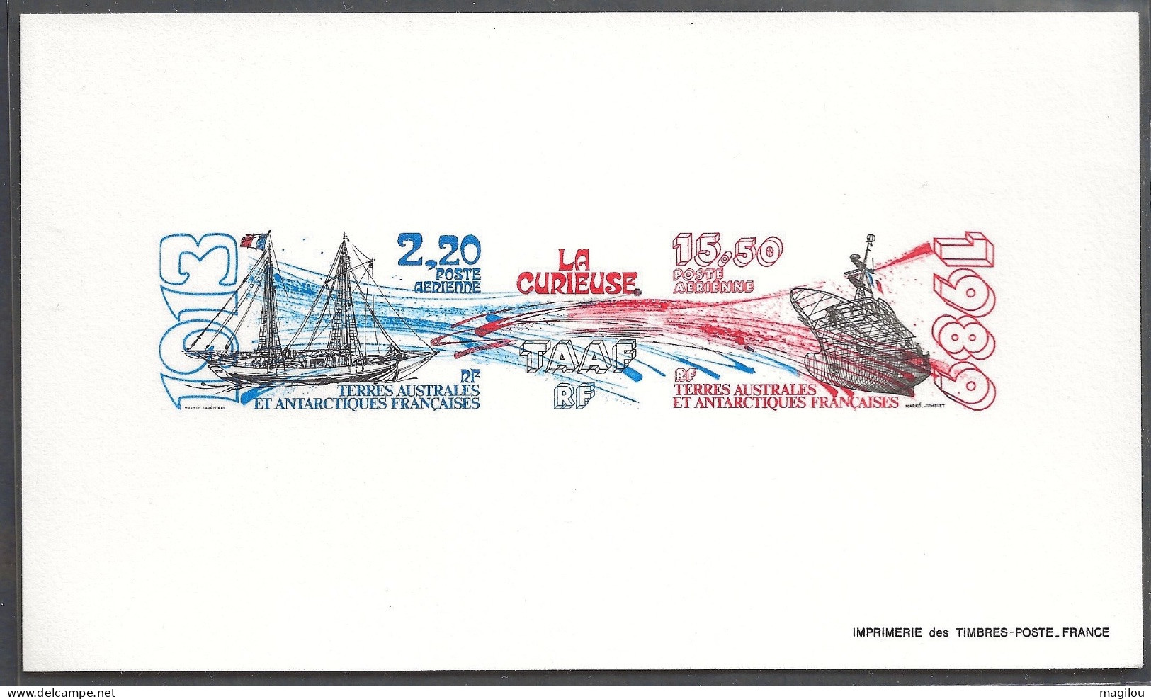 Épreuve De Luxe Collective Taaf/fsat Navire La Curieuse  YVT PA 106A - Sin Dentar, Pruebas De Impresión Y Variedades