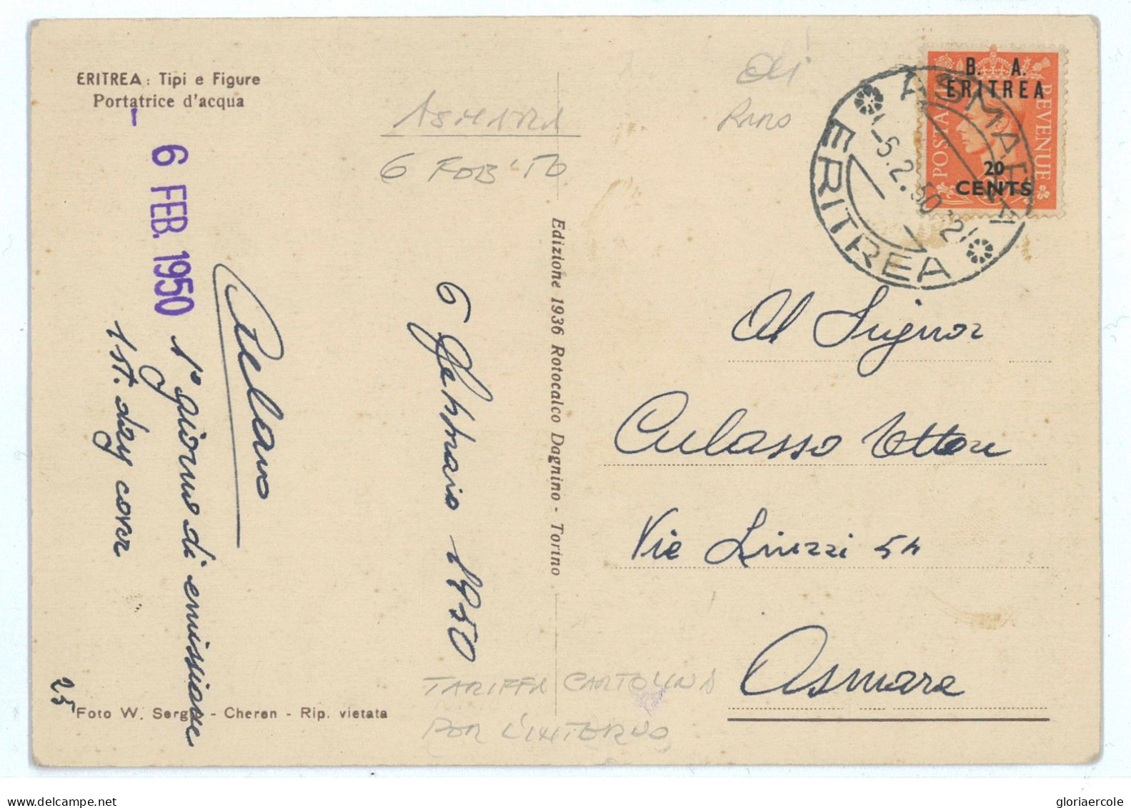 P2539 - ITALIA B.A. ERITREA 20 CENT SU 2 PENNY ISOLATO SU CARTOLINA ASMARA 6.,2.1952 MOLTO BELLA E RARA - Eritrée