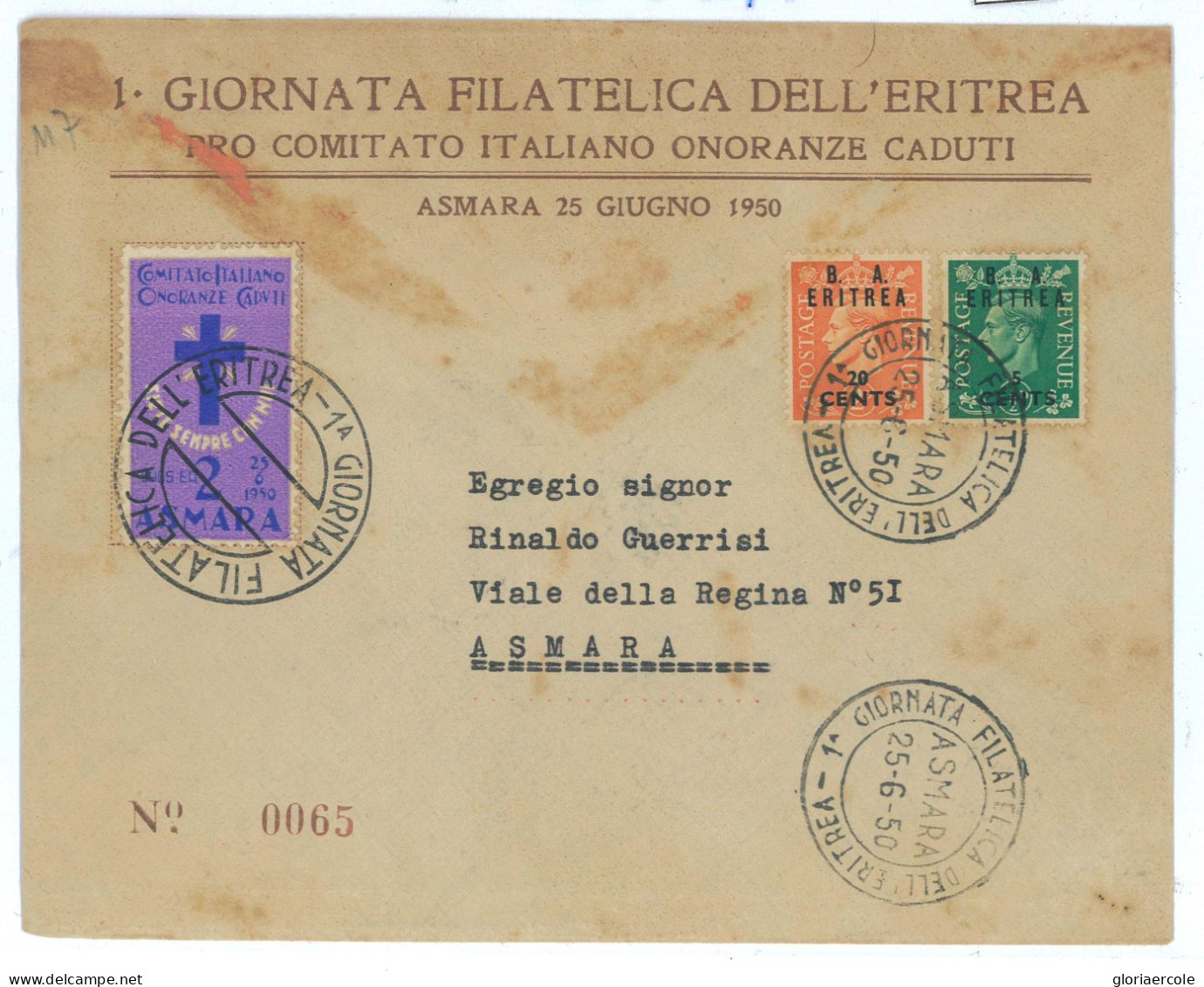 P2540 - ITALIA ,ERITREA B.A. SASSONE 16 SU BUSTA, ALTO VALORE CATALOGO, CON ANNULLO SPECIALE!!!!!!25.6.1950 - Eritrea