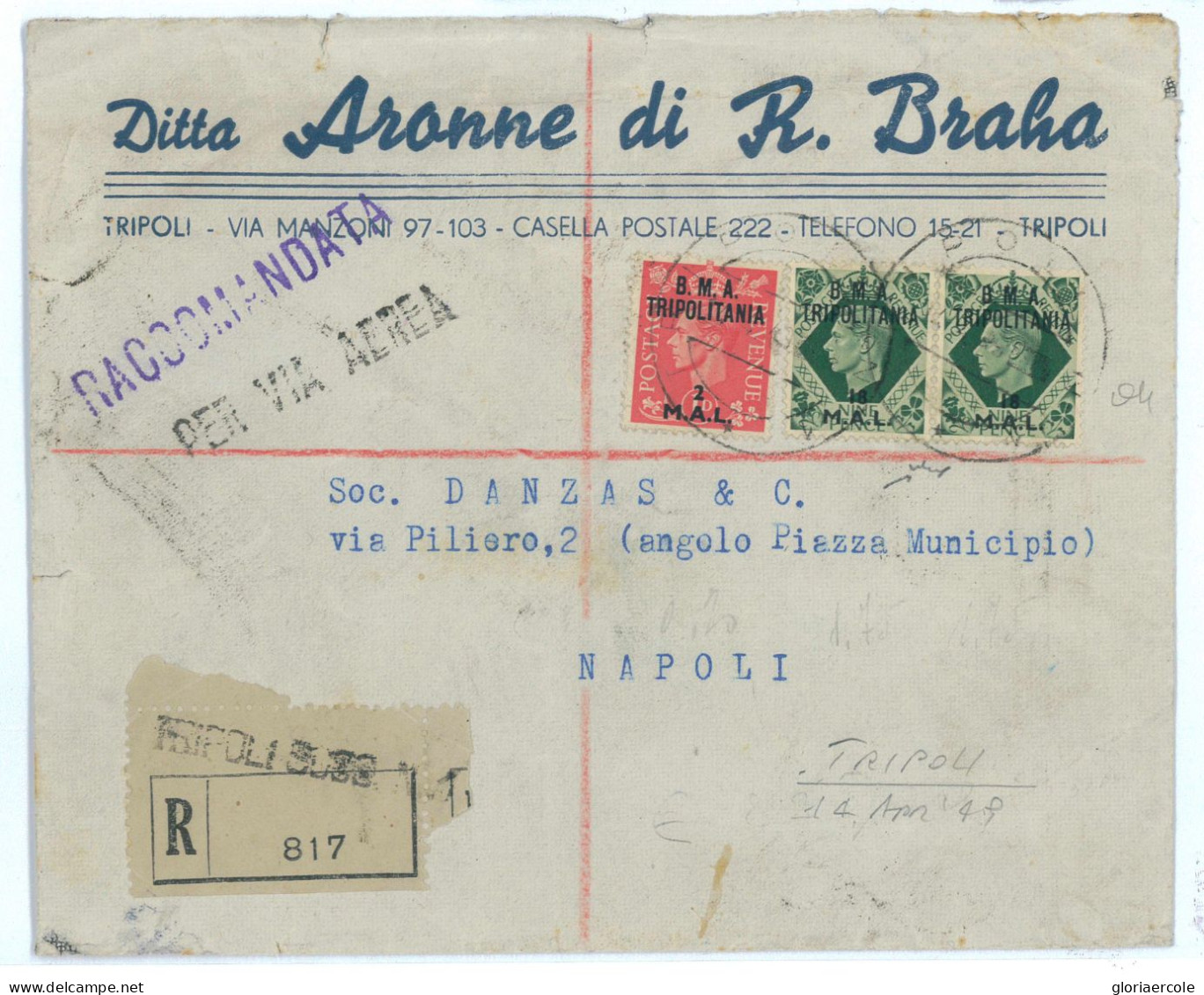 P2543 - ITALIA BMA TRIPOLITANIA 14.4.1949, RACCOMANDATA PER VIA AEREA PER NAPOLI - Tripolitaine