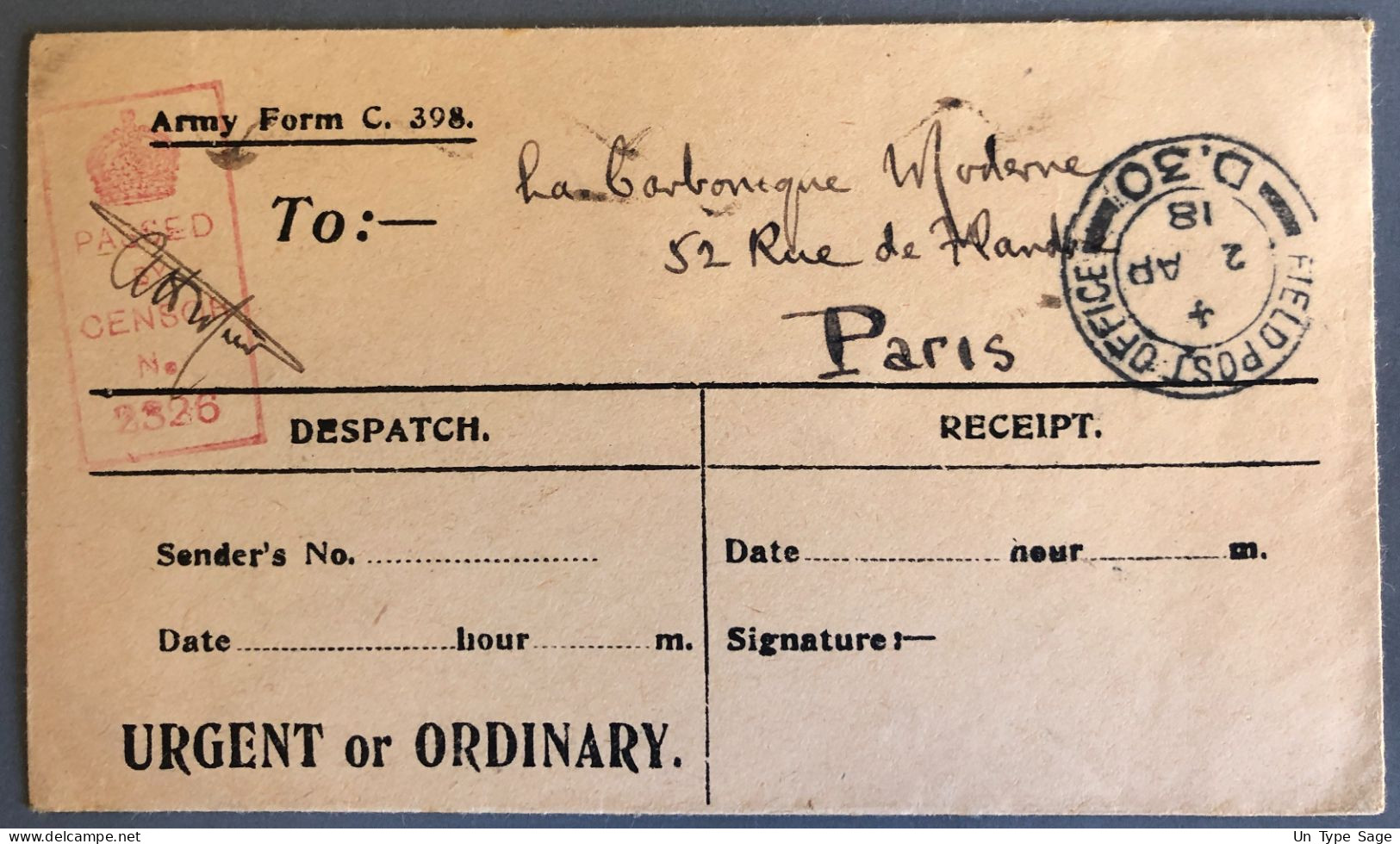 Grande-Bretagna, WW1 - Enveloppe Cachet FIELDPOST OFFICE D.30, 2.4.1918 + Contôle Postal - (W1061) - Lettres & Documents