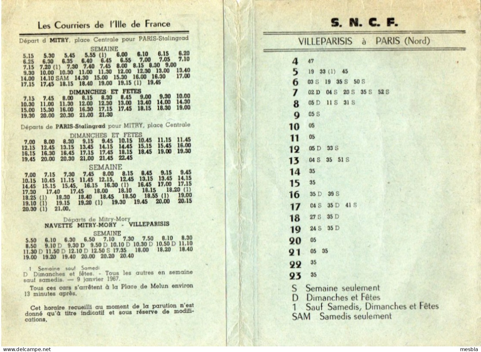 Horaires S.N.C.F - VILLEPARISIS - MITRY - PARIS - Les Courriers De L' Ille De France  Départ Mitry - 1967 - 1968 - Europa