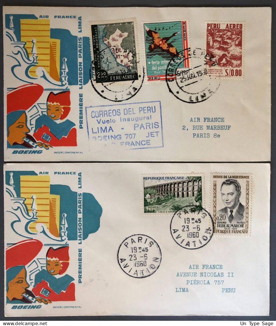 France, AIR FRANCE - Première Liaison PARIS LIMA 23.6.1960 - 2 Enveloppes - (W1070) - Erst- U. Sonderflugbriefe