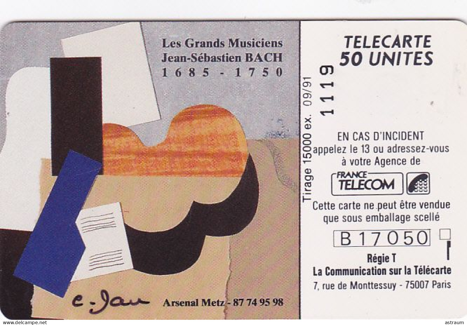 Telecarte Privée Publique En 152a NEUVE NUMEROTEE 1119 - Bach / Arsenal De Metz  50 U  - Gem - 1991 - 15000 Ex - 50 Unidades