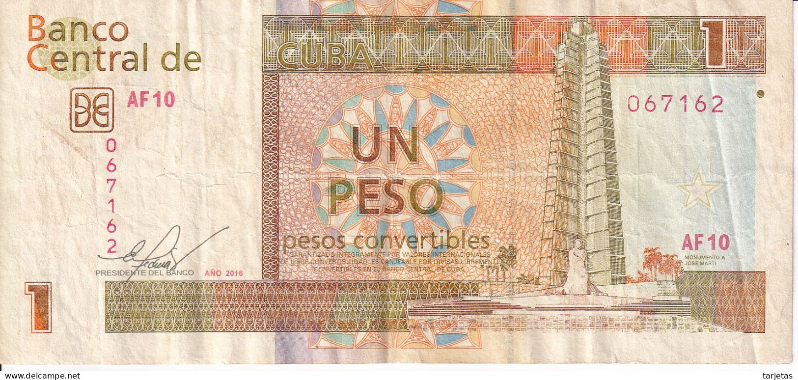 BILLETE DE CUBA DE 1 PESO CONVERTIBLE DEL AÑO 2016 (BANKNOTE) - Cuba