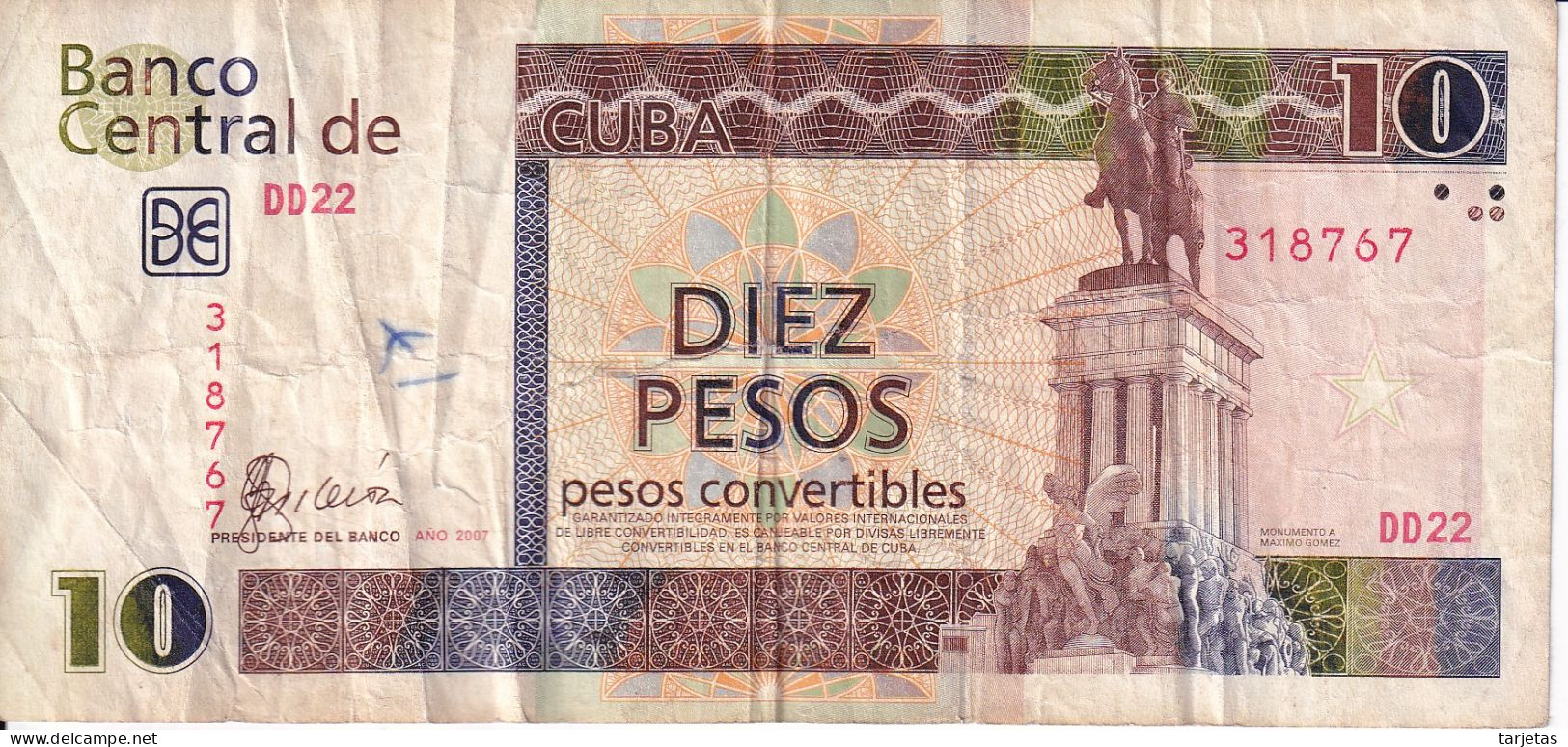 BILLETE DE CUBA DE 10 PESOS CONVERTIBLES DEL AÑO 2007 MAXIMO GOMEZ (BANKNOTE) - Cuba