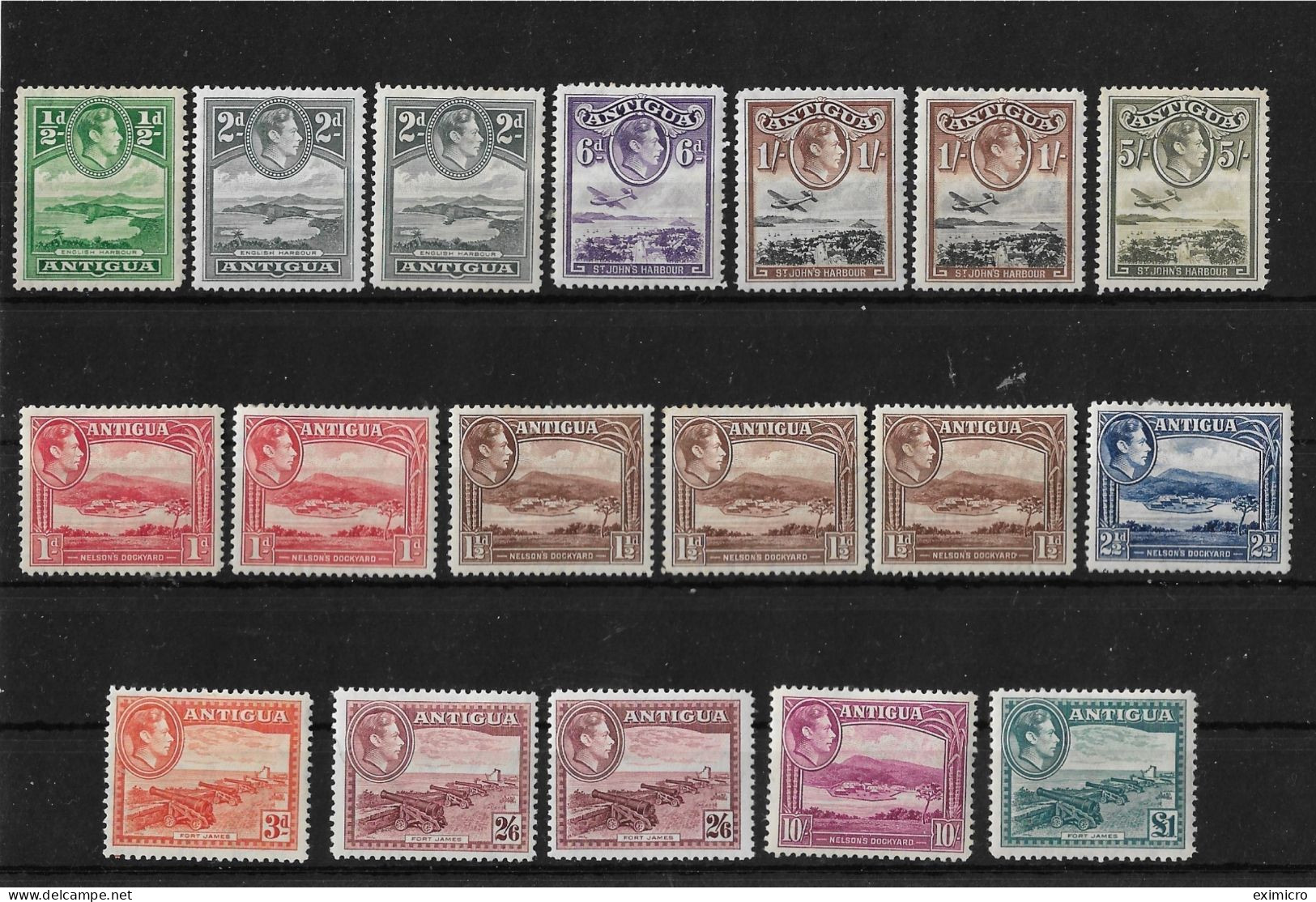 ANTIGUA 1938 - 1951 SET OF 18 STAMPS INCLUDING ALL CATALOGUE LISTED COLOUR VARIETIES MOUNTED MINT Cat £308+ - 1858-1960 Colonia Británica