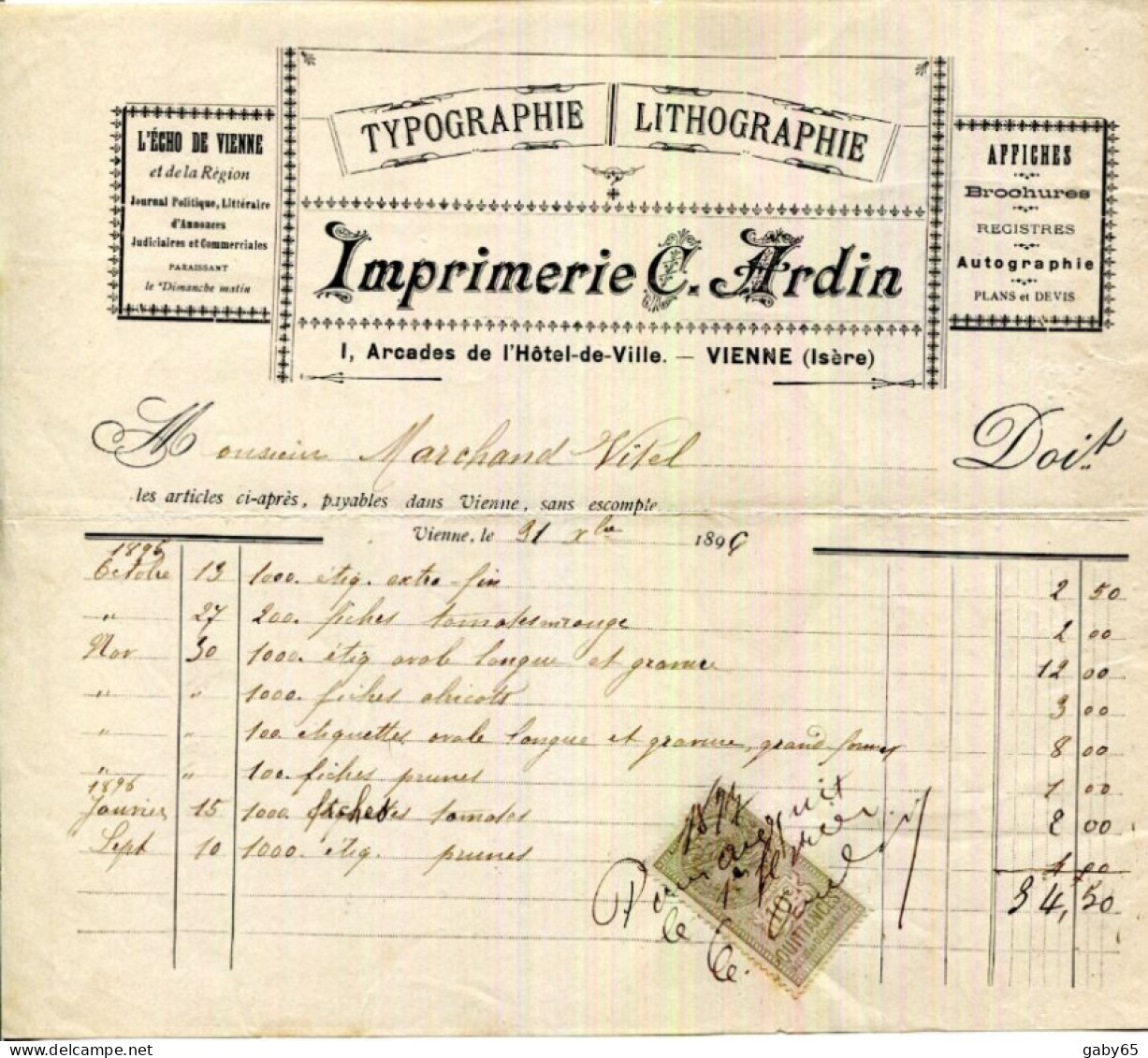 FACTURE.38.ISERE.VIENNE.TYPOGRAPHIE.LITHOGRAPHIE.IMPRIMERIE C.ARDIN " L'ECHO DE VIENNE "1 ARCADE DE L'HOTEL DE VILLE. - Druck & Papierwaren