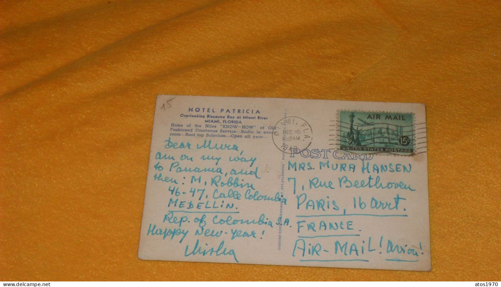 CARTE POSTALE ANCIENNE CIRCULE DE 1949../ HOTEL PATRICIA MIAMI FLORIDA..HOME OF THE NILES..CACHET + TIMBRE - Miami