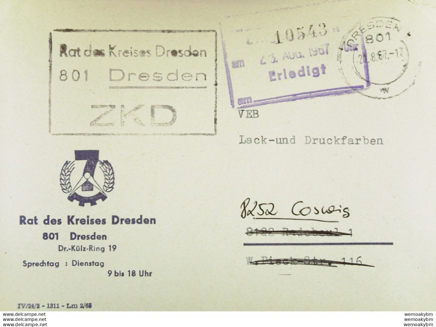 Fern-Brf Mit ZKD-Kastenstempel "Rat Des Kreises 801 Dresden" 2.8.67 An VEB Lack- Und Druckfarben Coswig Man. Berichtigt - Covers & Documents