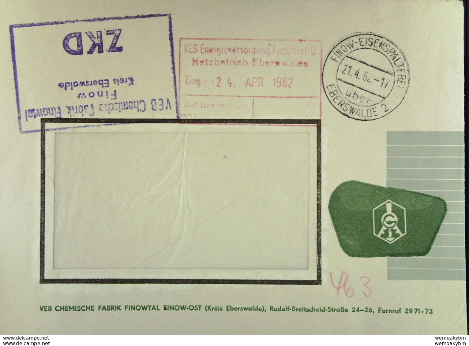 Fern-Brf Mit ZKD-Kastenstpl.(Kopfstehend) "VEB Chemische Fabrik Finowtal Finow Kreis Eberswalde" 21.4.62 Nach Eberswalde - Storia Postale