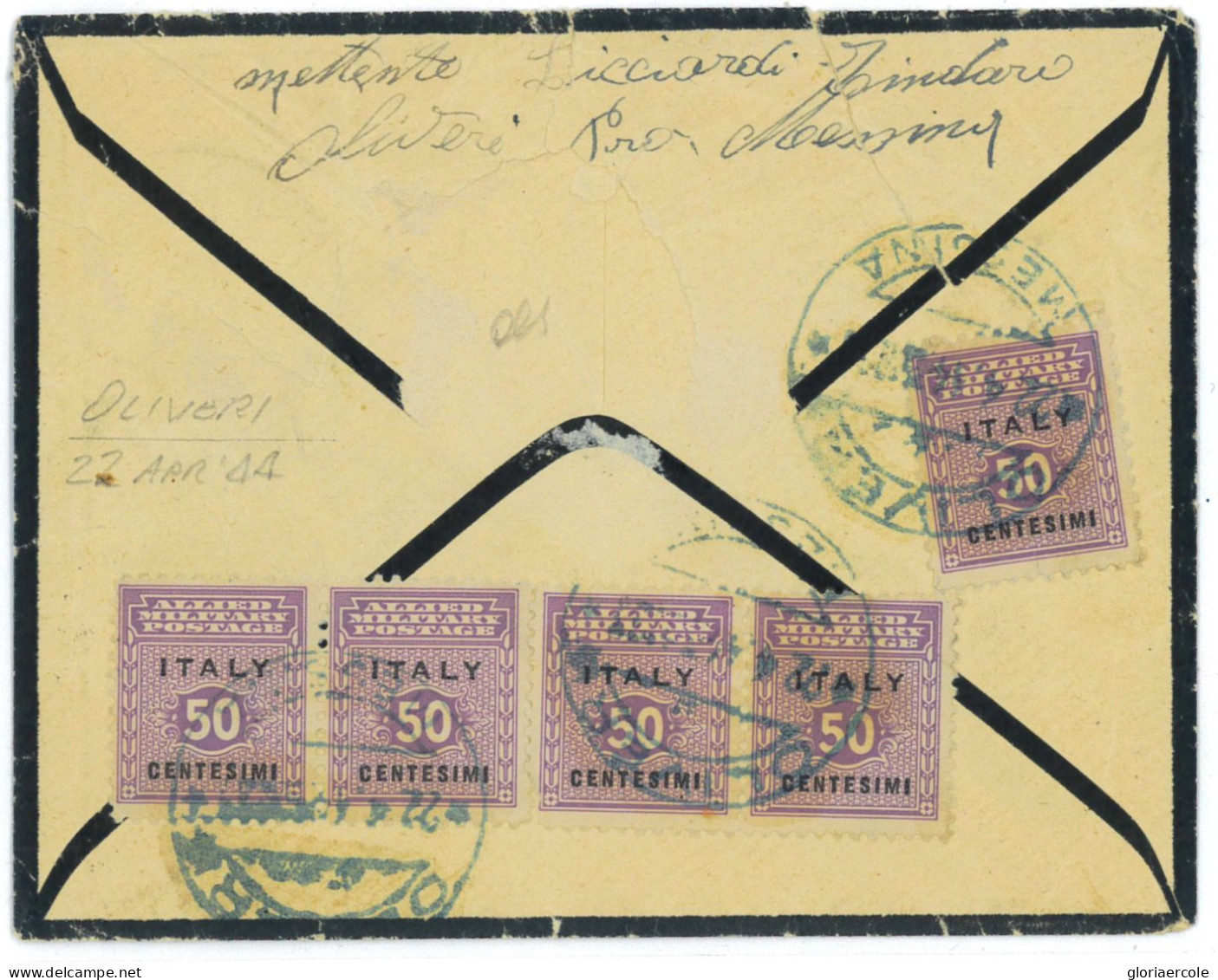 P2555 - ITALIA OCCUPAZIONE ALLEATA DELLA SICILIA, 0,50 USO MULTIPLO, CON ANNULLO AZZURRO OLIVERI, BELLA! 1944 - Anglo-Amerik. Bez.: Sicilë