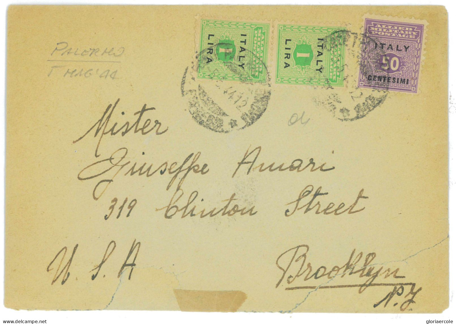 P2556 - ITALIA , OCCUPAZIONE ALLEATA DELLA SICILIA , PER GLI USA, DA PALERMO 1944, COPPIA DELLA LIRA + 0,50 - Anglo-Amerik. Bez.: Sicilë