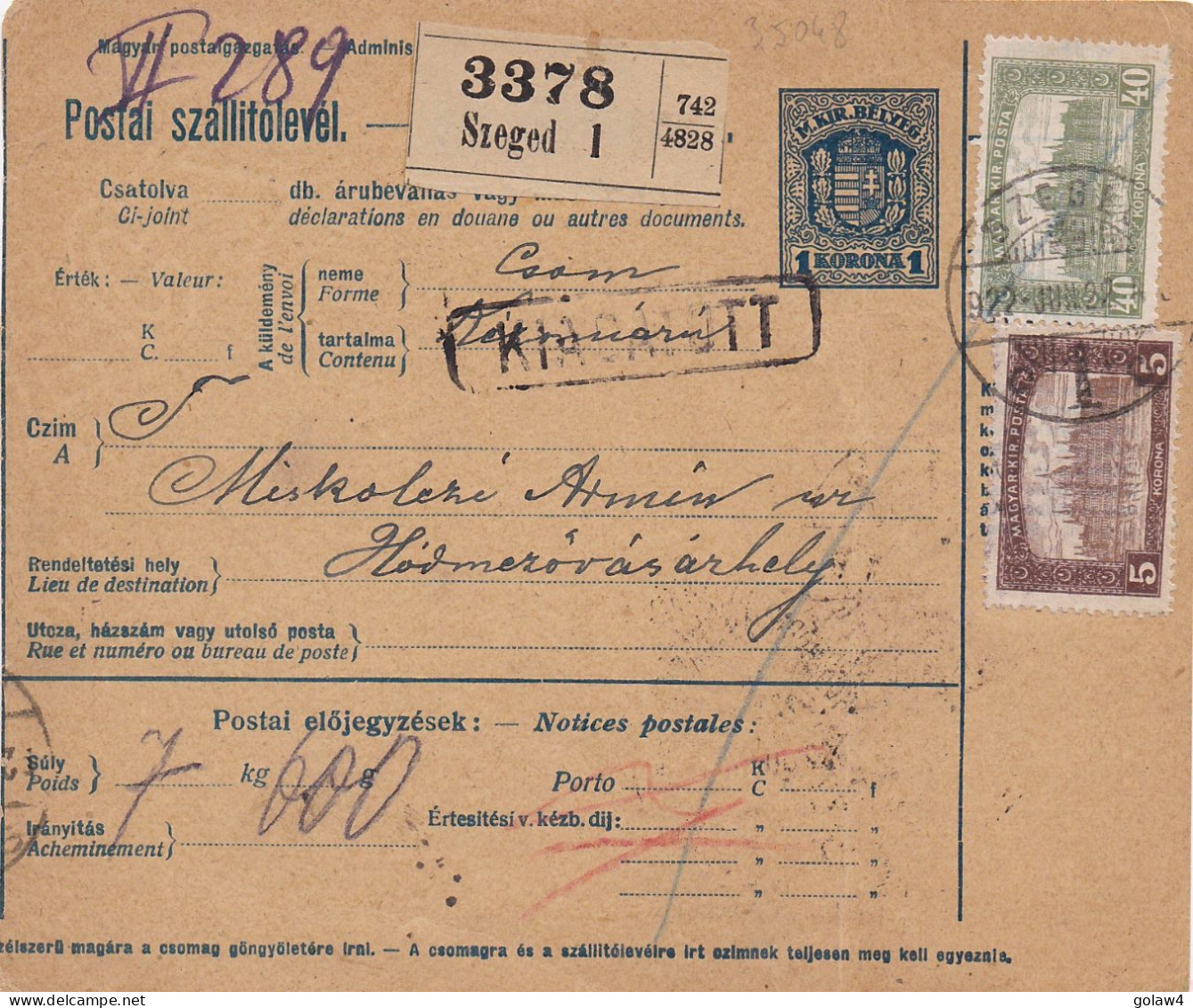 35048# HONGRIE COLIS POSTAL Obl SZEGED 1922 Pour HODMEZOVASARHELY HUNGARY - Postpaketten