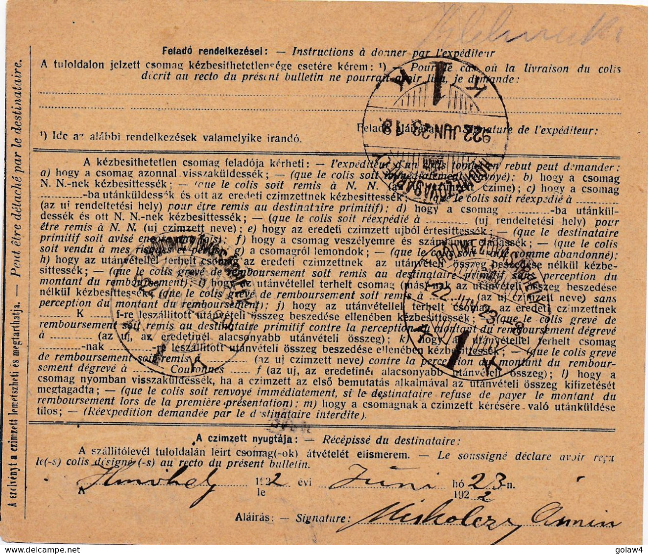 35048# HONGRIE COLIS POSTAL Obl SZEGED 1922 Pour HODMEZOVASARHELY HUNGARY - Postpaketten