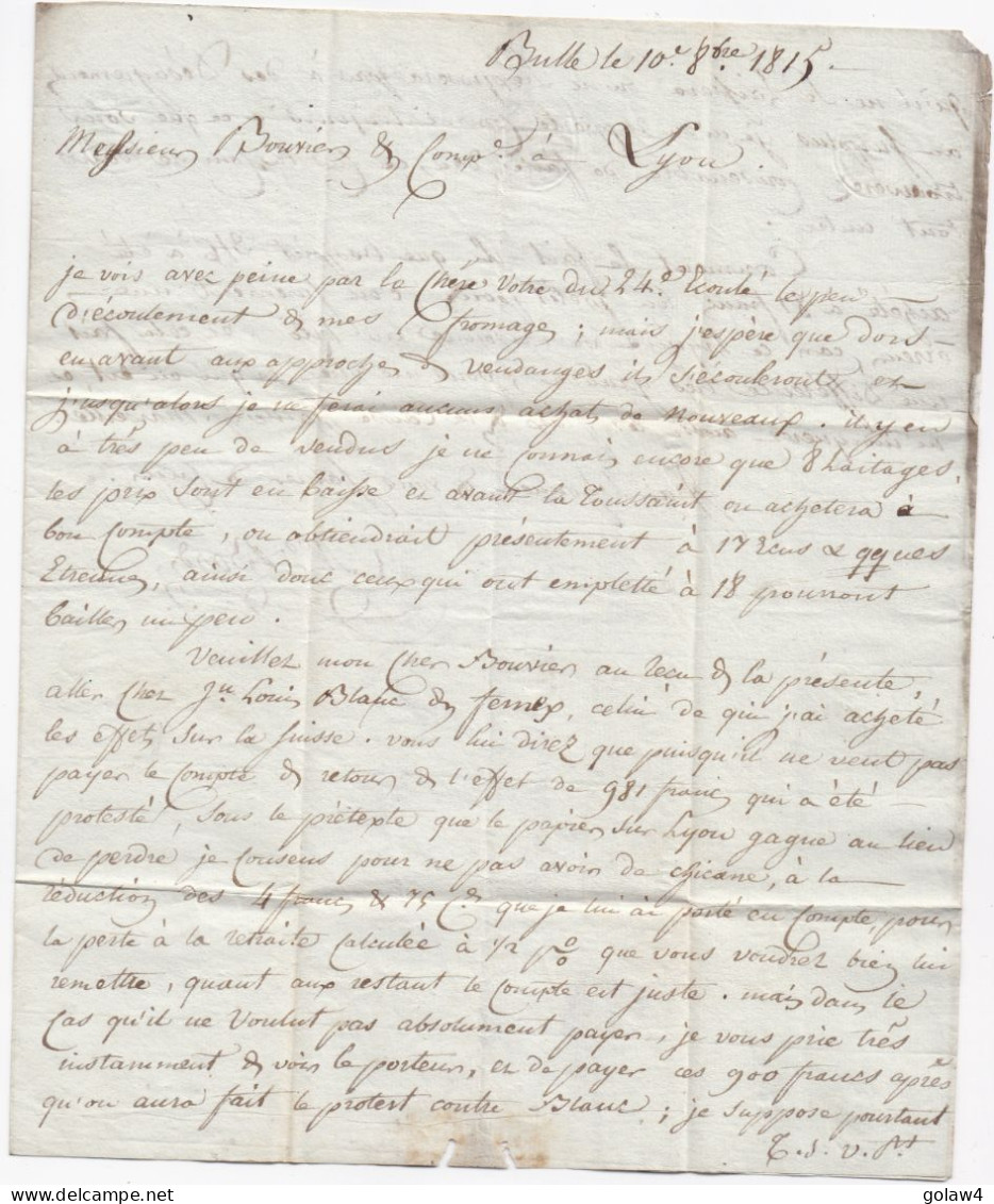 35058# LETTRE Datée De BULLE Obl YVERDON Datée Du 10 Octobre 1815 Pour LYON RHONE ARRIVEE AU DOS VORPHILA - ...-1845 Préphilatélie