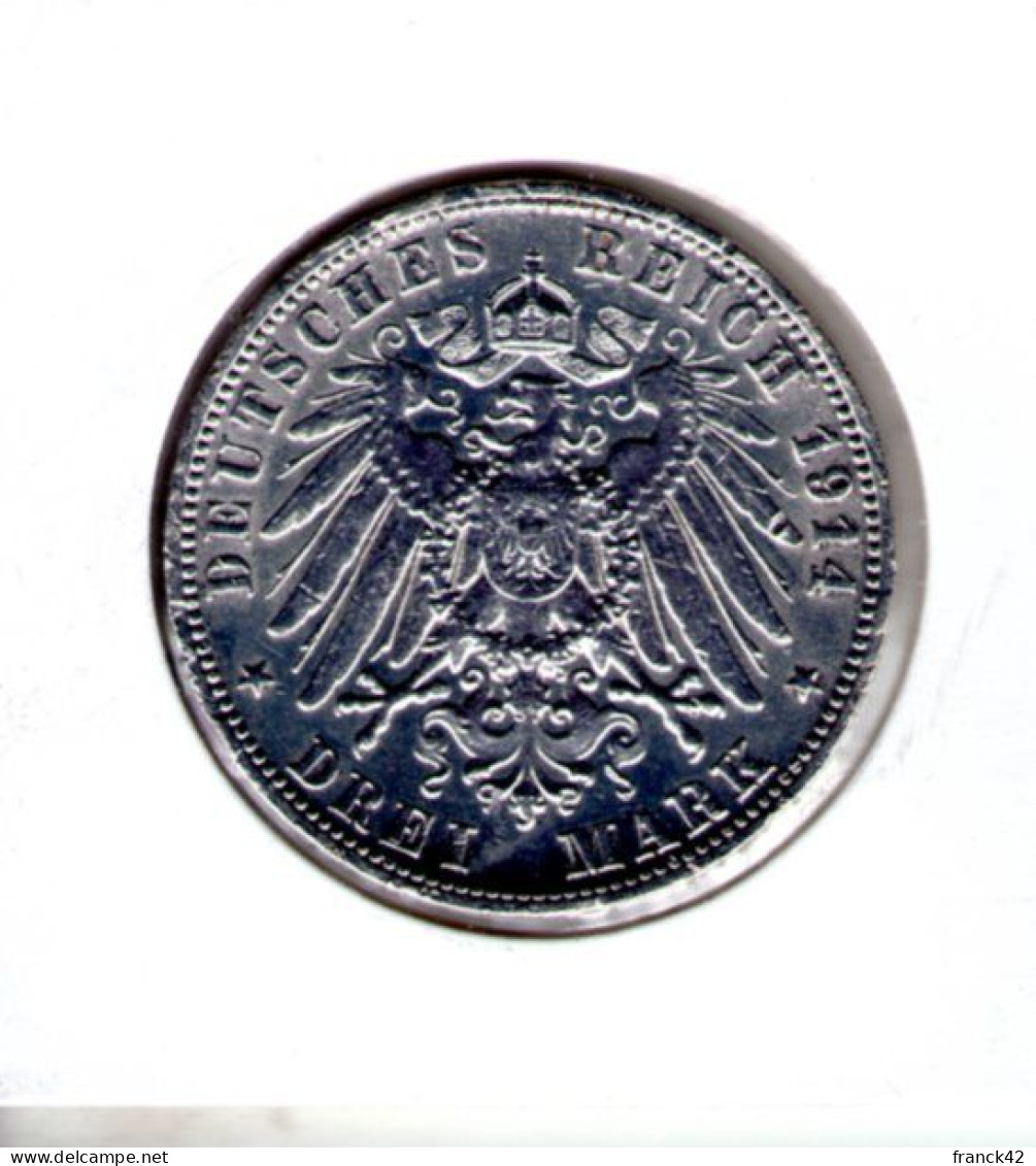 3 Marks Wilhelm II Koenig Vom Wuertemberg. 1914 F - 2, 3 & 5 Mark Zilver