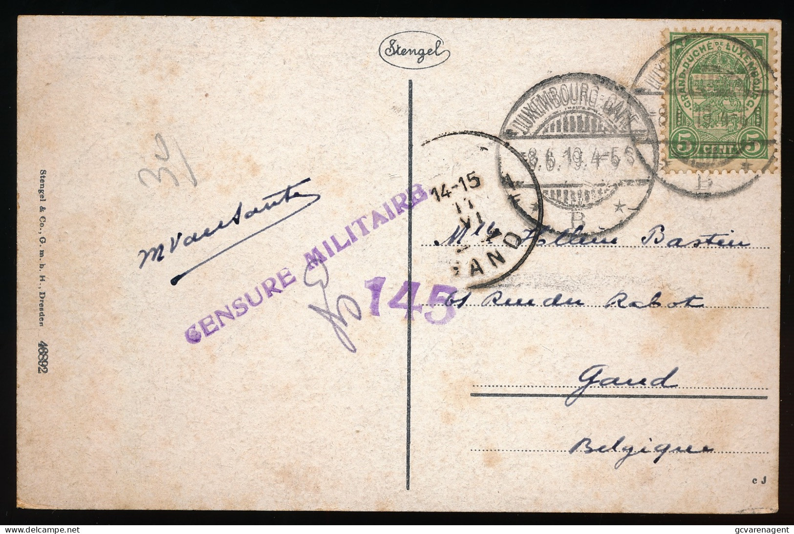 C.P. 19  CACHET LUXEMBOURG GARE / GAND  - CENSURE 145   TO GAND     2 SCANS - 1907-24 Wapenschild