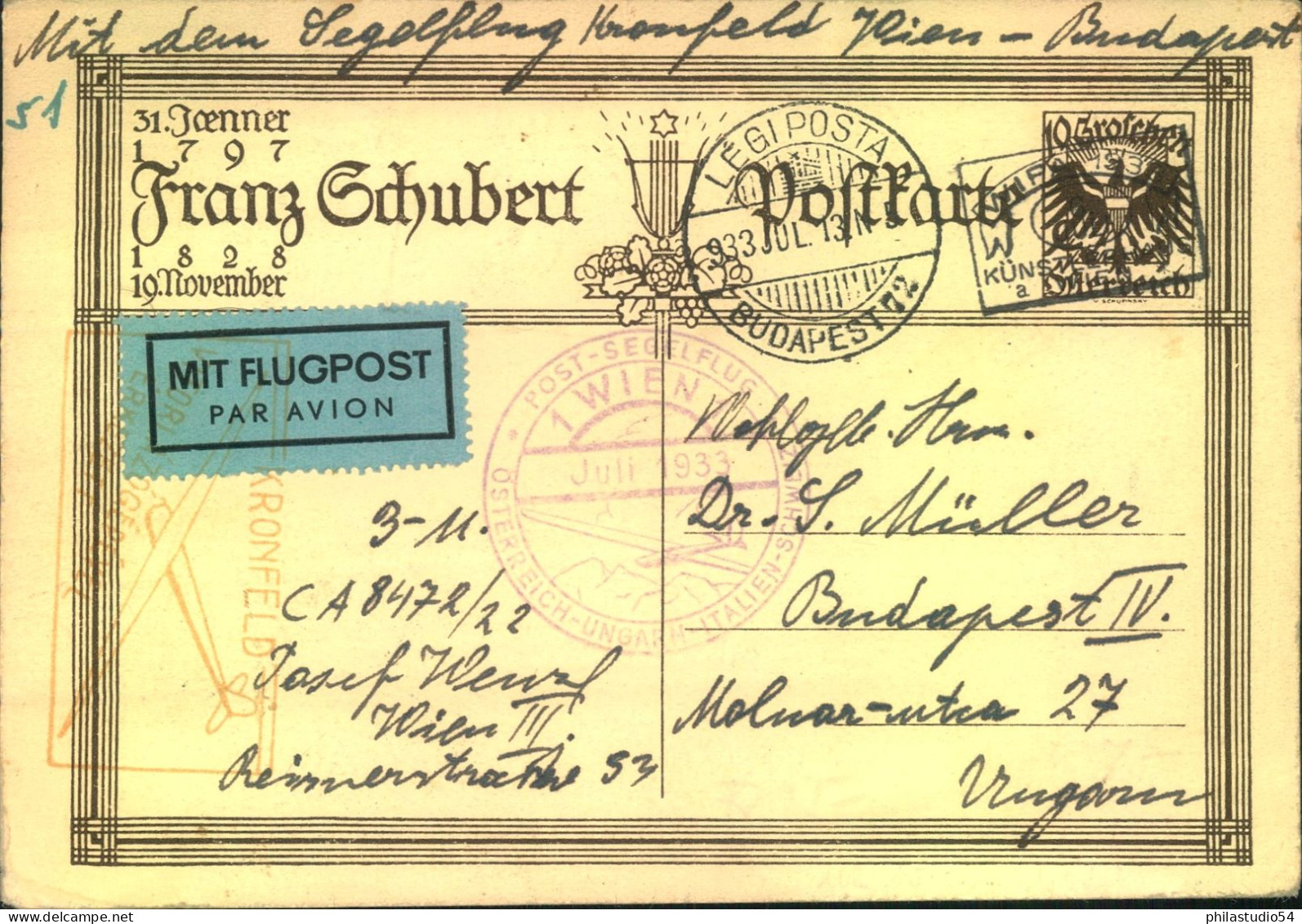 1933, Luftpostkarte „KRONFELD-FUG Nach Budapest. Sonderstempel WIOA - Cartas & Documentos