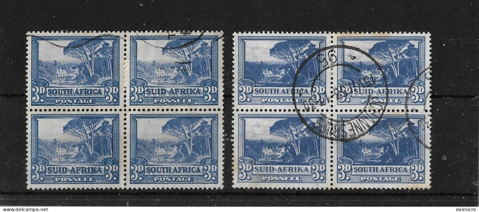 SOUTH AFRICA 1949 3d DULL BLUE AND 1951 3d BLUE IN BLOCKS OF 4 SG 117, 117a FINE USED Cat £32 - Used Stamps