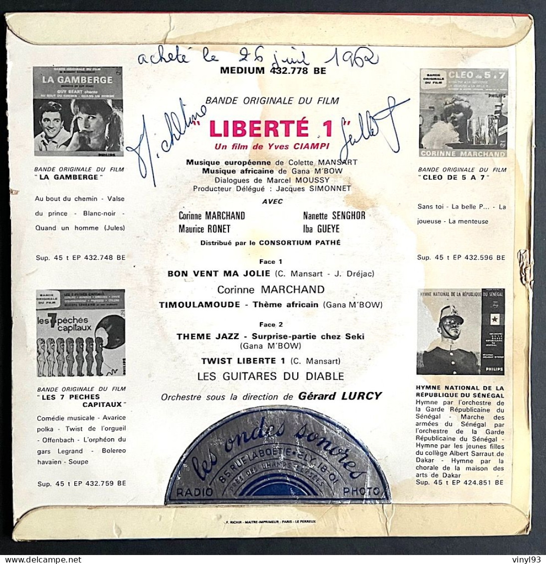1961 - EP 45T B.O Film "Liberté 1" - Musique C.Mansart & G.M'Bow Avec Corinne Marchand - Philips 432 778 - Soundtracks, Film Music