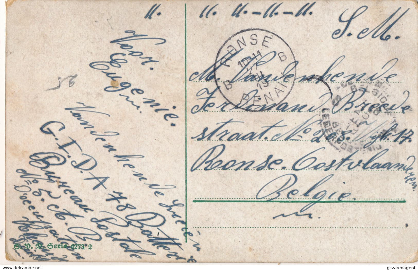 OCCUPATION DUITSLAND V.D/HENDE LUCIEN G.I.D.A.78 BATT.BUREAU POSTALE N° 5 A.B.  CACHET RONSE 19     2 SCANS - OC38/54 Occupation Belge En Allemagne