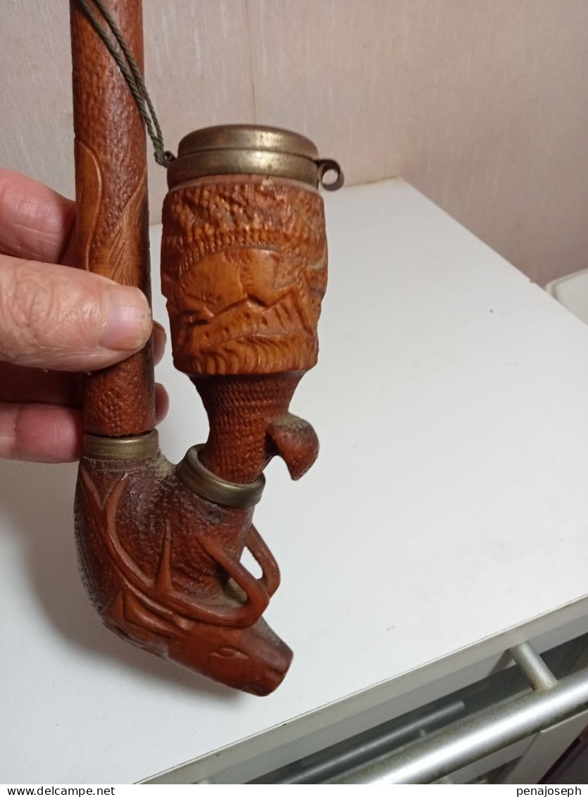 Ancienne Pipe En Bois Sculptée Du XIXème Hauteur 29 Cm - Legni