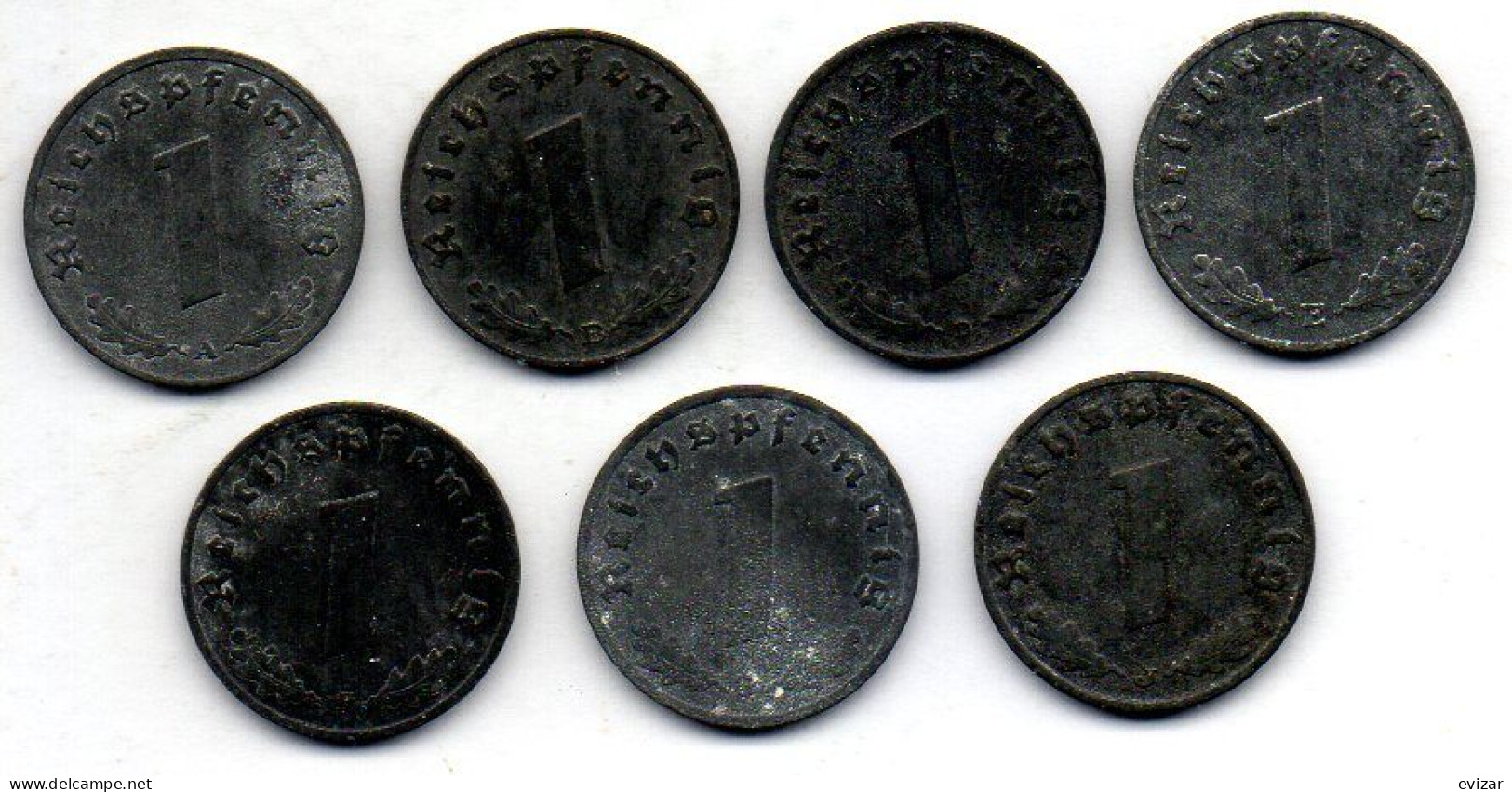 GERMANY - THIRD REICH, Set Of Seven Coins 1 Reichs Pfennig, Zinc, Year 1940-43-A,B,D,E,F,G,J, KM # 97 - 1 Reichspfennig