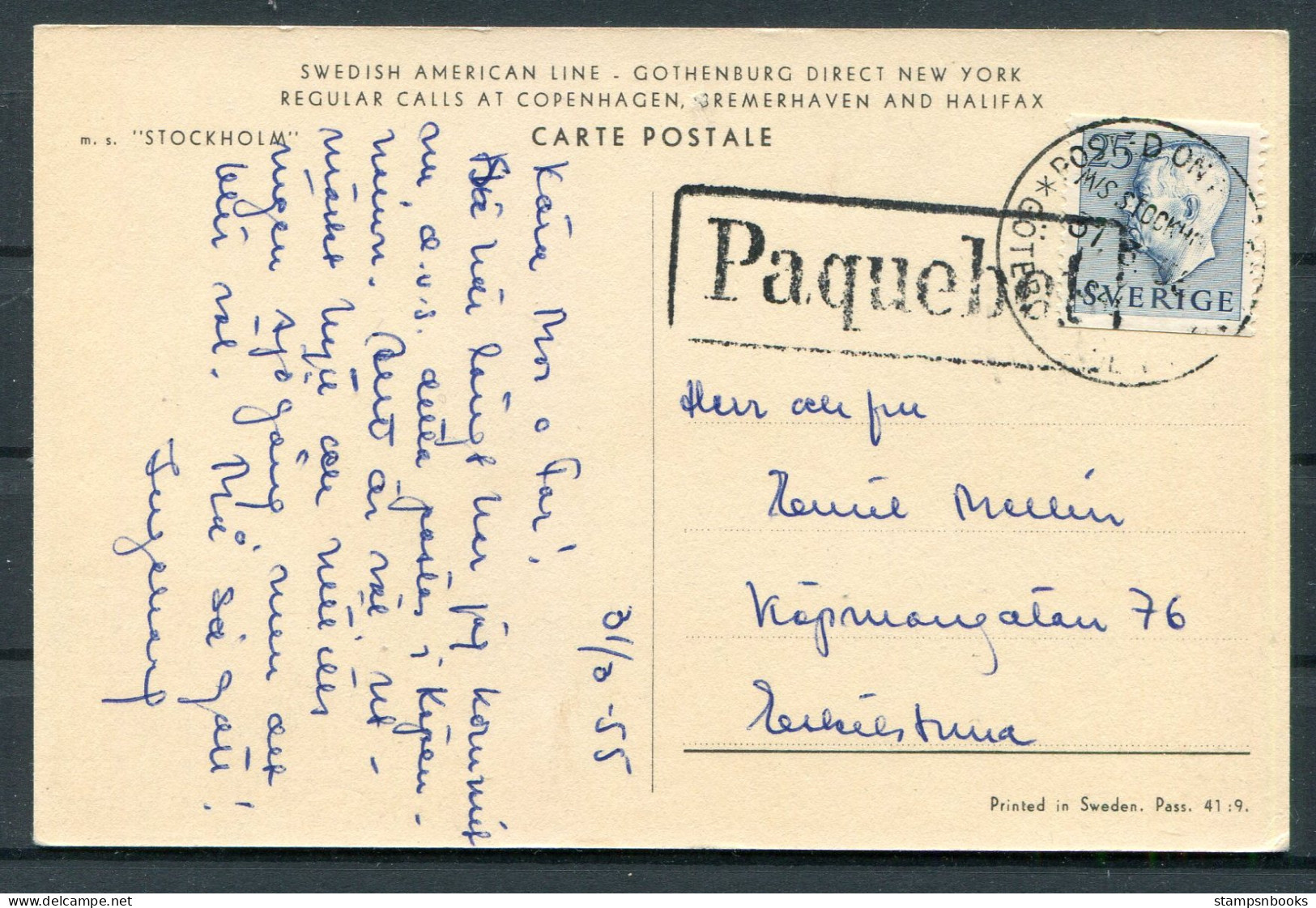 1955 Sweden "Swedish American Line" Paquebot "STOCKHOLM" Ship Postcard - Lettres & Documents