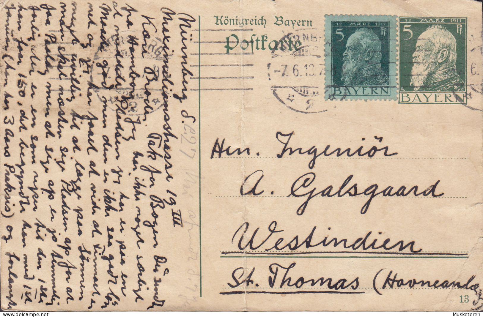 Bayern Uprated Postal Stationery Ganzsache NÜRNBERG 1913 ST. THOMAS Westindien Danish West Indies (2 Scans) - Deens West-Indië