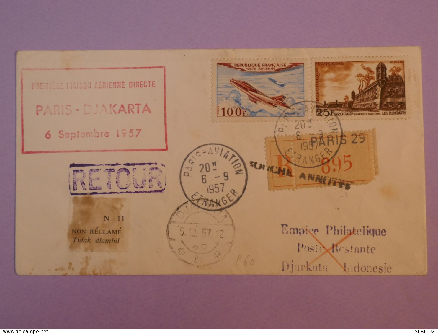 W19  FRANCE    BELLE  LETTRE RECO RR 1957 1ER VOL  PARIS DJAKARTA INDONESIA+NON RECLAMé +AFF. INTERESSANT++ + - Premiers Vols