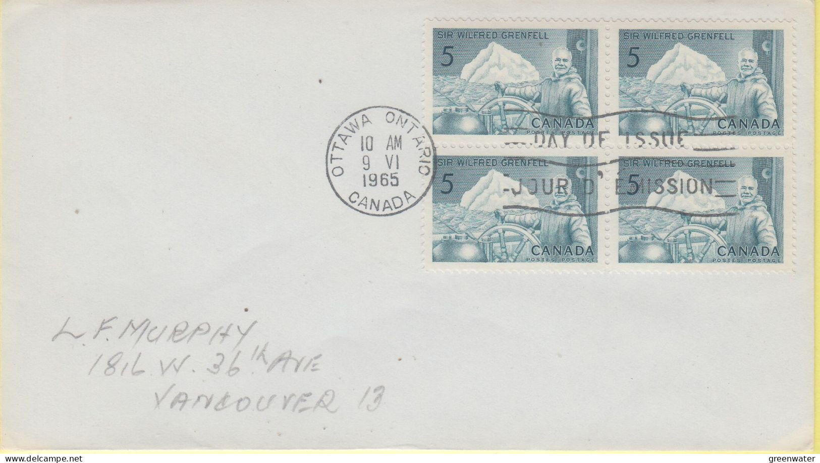 Canada 1965 Sir Wilfred Grenfell 1v Bl Of 4 FDC (CN177A) - 1961-1970
