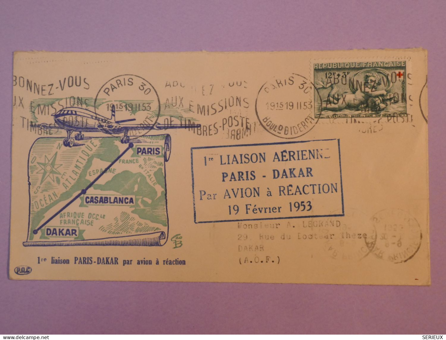 W19  FRANCE  BELLE  LETTRE  RR 1953 1ER VOL  PARIS DAKAR SENEGAL +N°937 +SOISSONS +AFF. INTERESSANT++ + - Premiers Vols