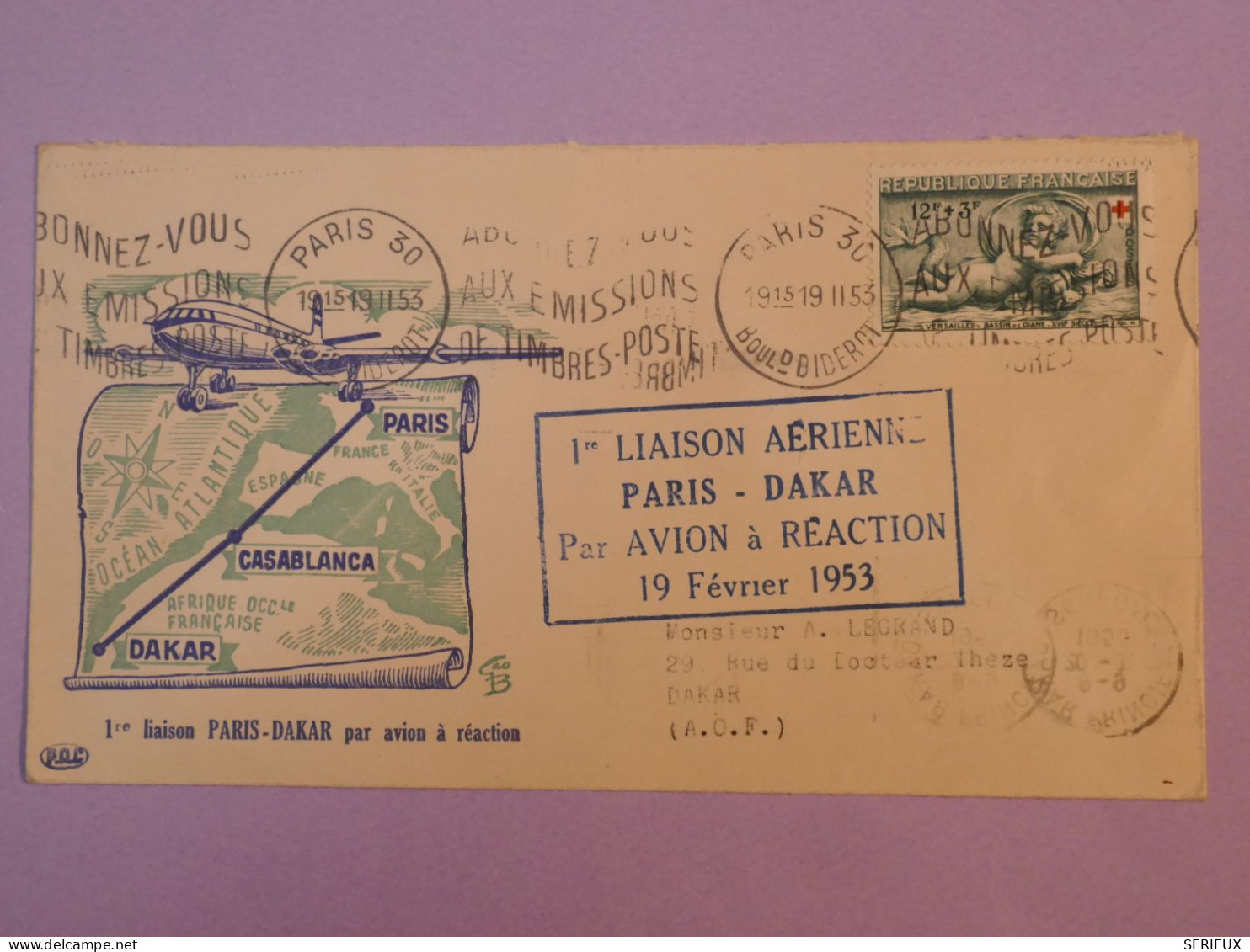 W19  FRANCE  BELLE  LETTRE  RR 1953 1ER VOL  PARIS DAKAR SENEGAL +N°937 +SOISSONS +AFF. INTERESSANT++ + - Primi Voli